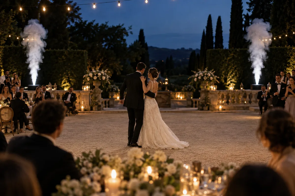 Illustration IA : réception de mariage en jardin avec effets CO₂